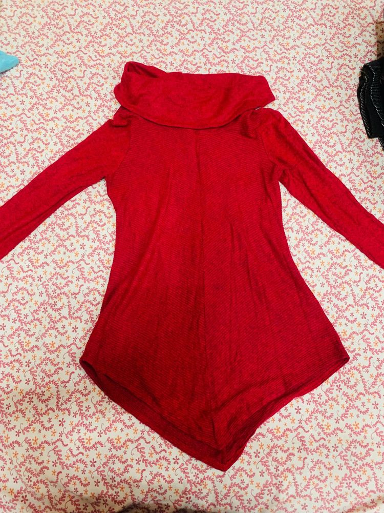 Red Cowl Neck Long Sleeve Top