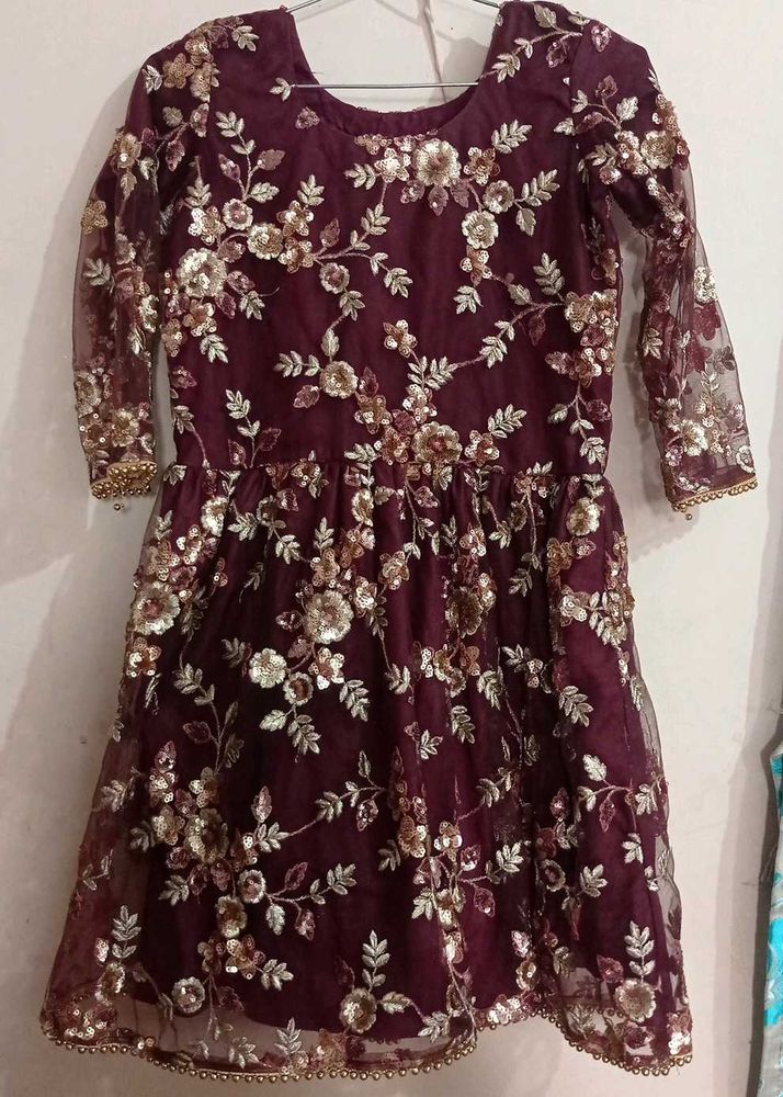 Maroon Embroidered Frock with Golden Silk Pant