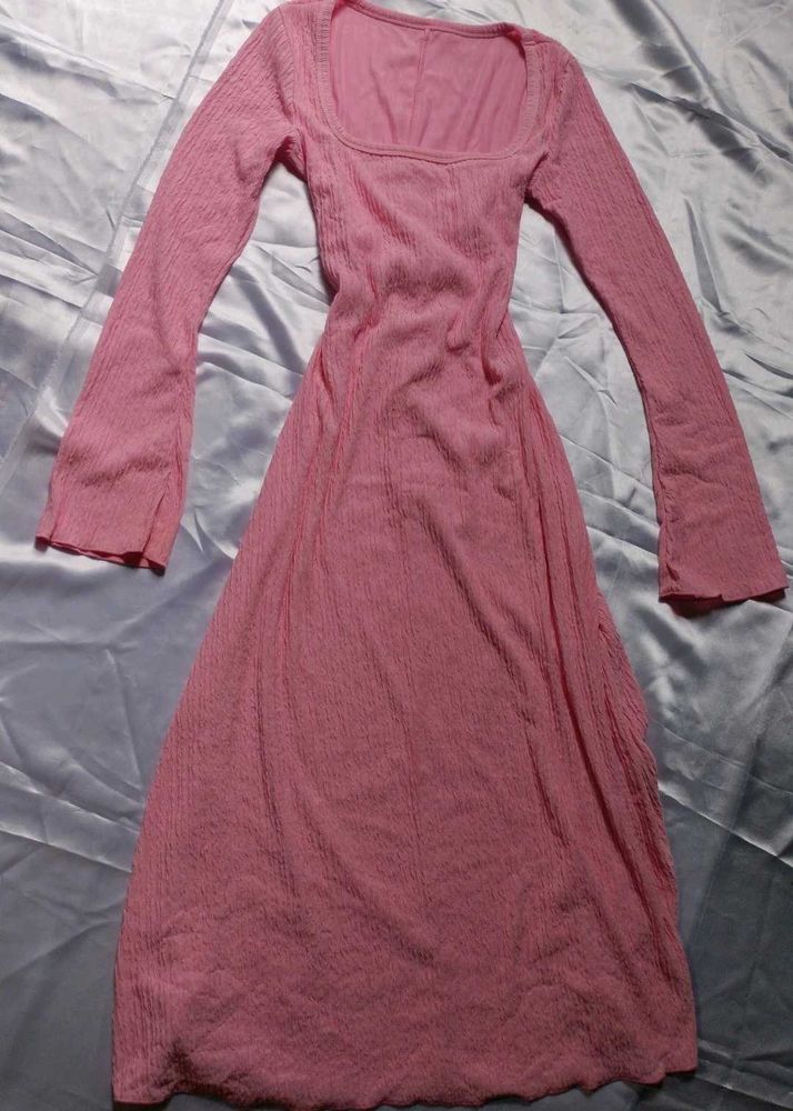 Pink Flare Sleeve Knit Midi Dress