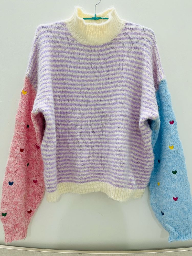 Pastel Striped Heart Sleeve Sweater