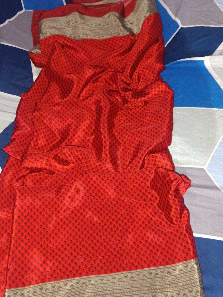 crape school uniform Red Printed Saree