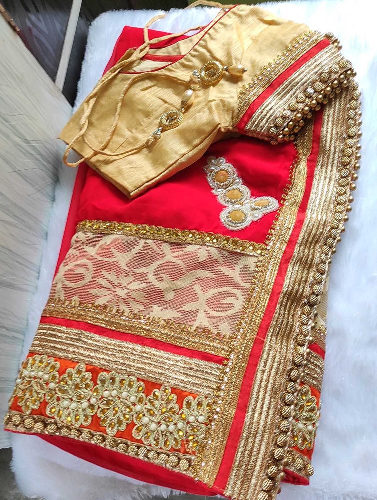 Elegant Red &amp; Gold Sari with Blouse
