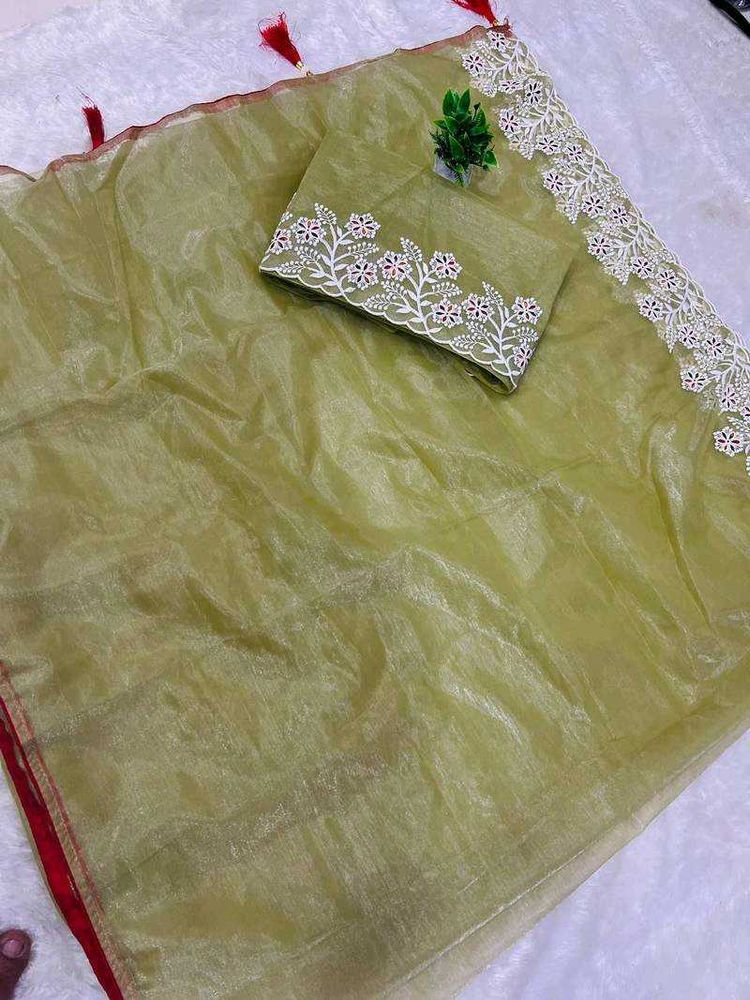 Elegant Olive Green Twill net embroidery  work Sar