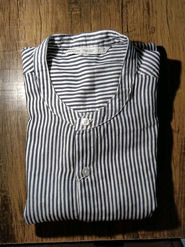 Striped Grandad Collar Shirt - Size L