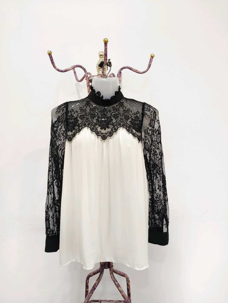 Lace Trim Mock Neck Blouse