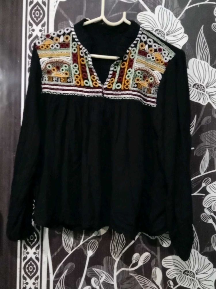 Embroidered Black Long Sleeve Top