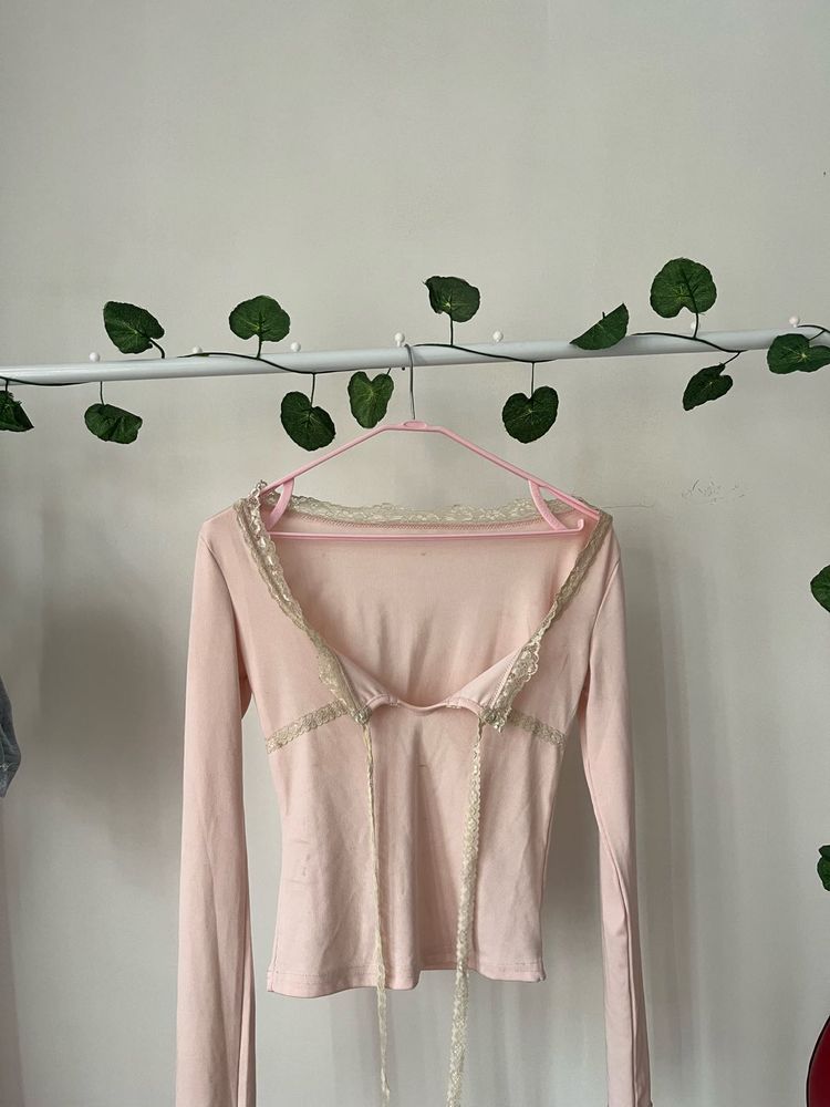 Pink Lace Trim Long Sleeve Top