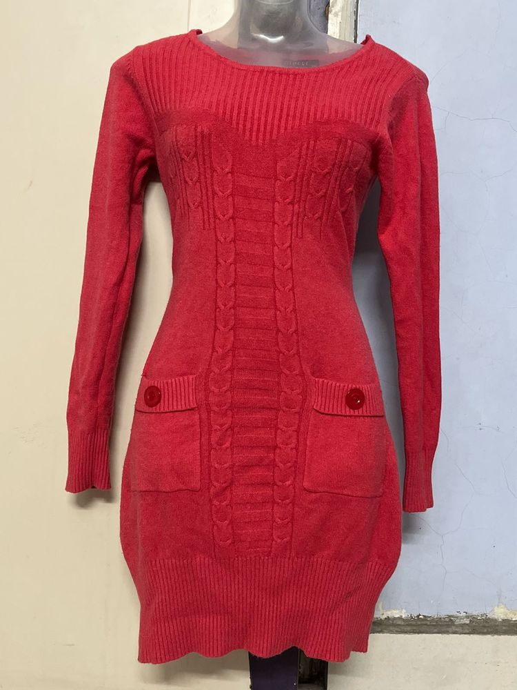 Pintrest Red Knit Sweater Dress with 2 pockets