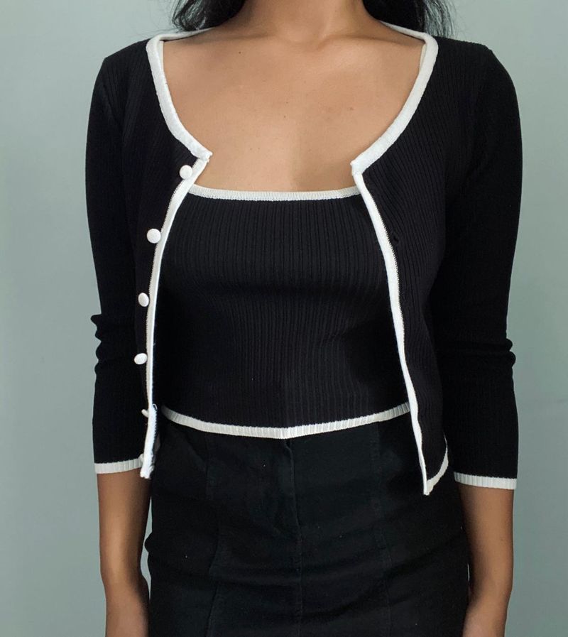 Black &amp; White Trimmed Cardigan Set