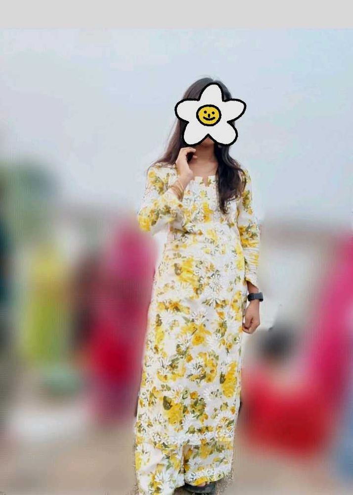 Lime Yellow Chiken Kurti Set