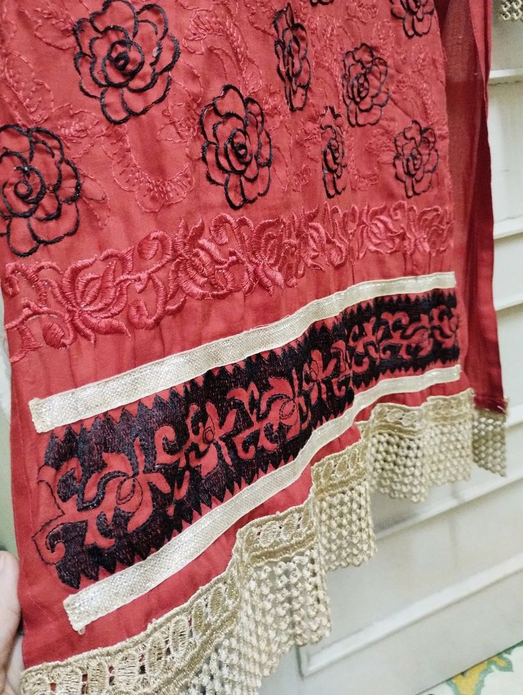 Pakistani Red Cotton Embroidered Kurta