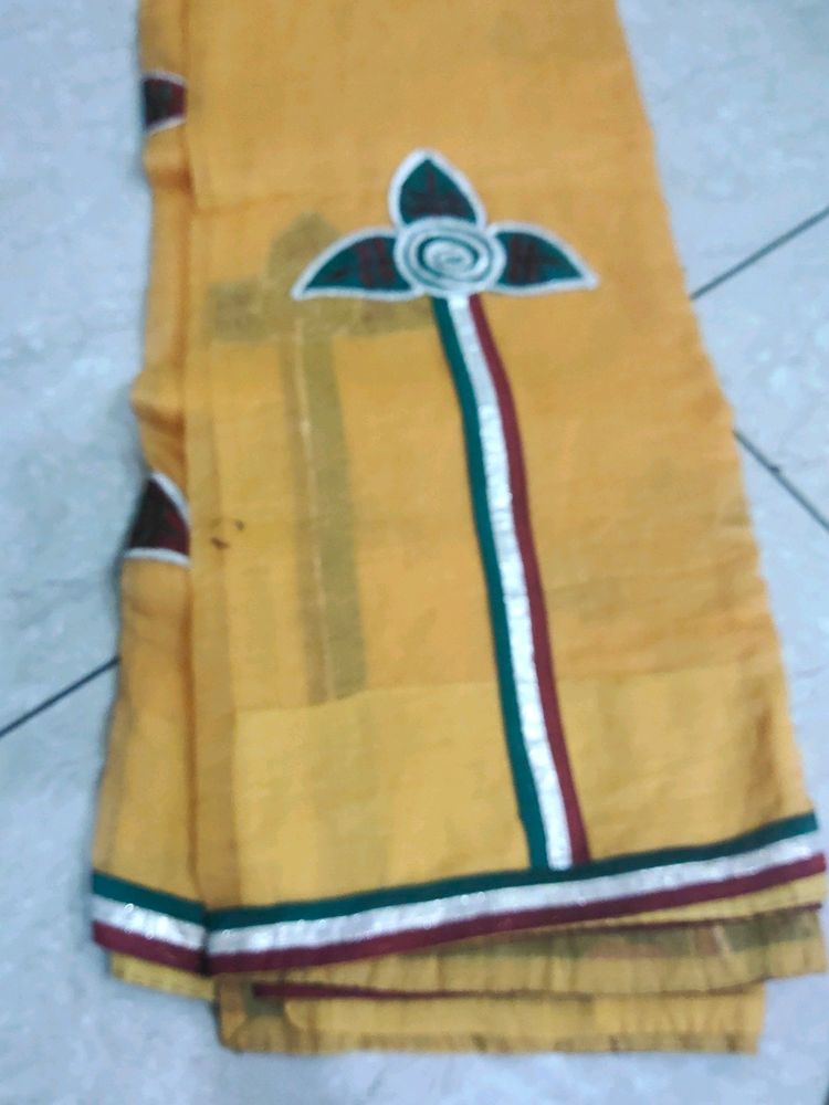Yellow Colour Cotton Patch Work Saree