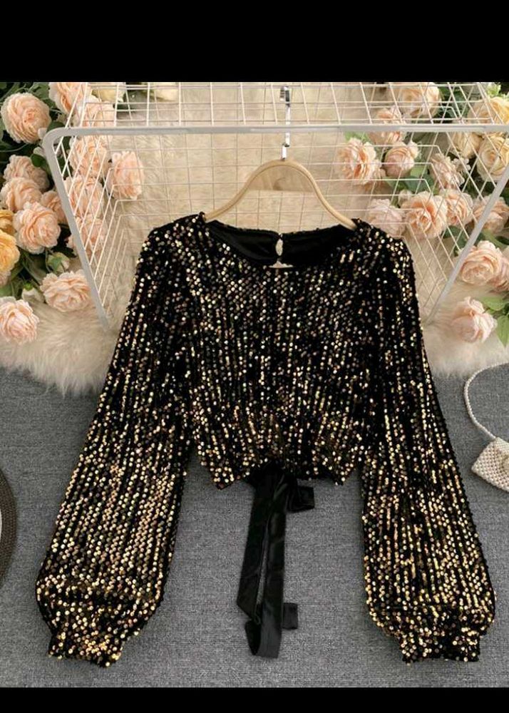 Sequin Long Sleeve Crop Top