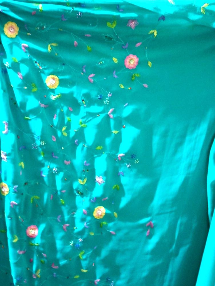 Teal Floral Embroidered Saree