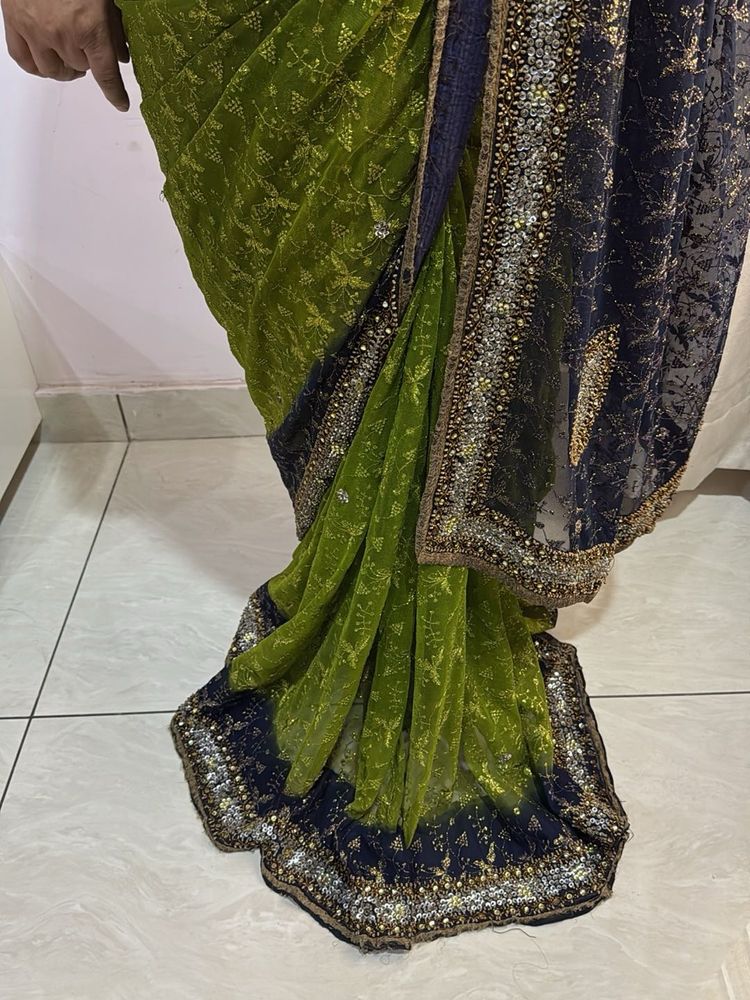 Net Saare With Zari Embroidery And Sitira Work