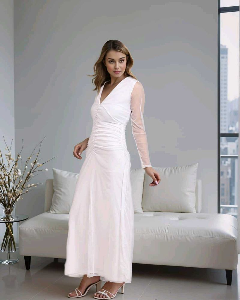 Deep V-Neck Front Ruched Mesh Sleeves A-Line Dress