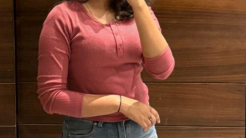 Pink Ribbed Henley Top