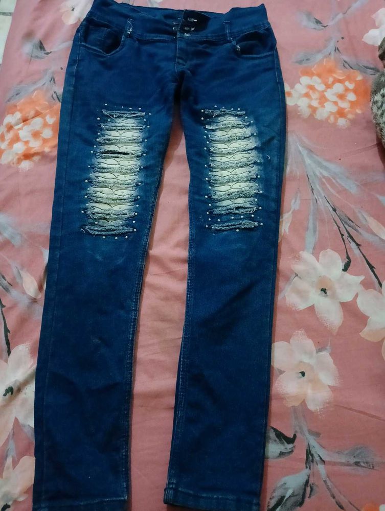 Distressed Embellished Blue Jeans