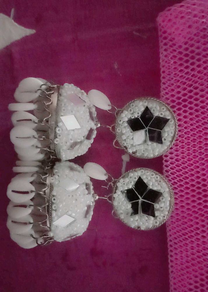 White Mirror Work Jhumka Earrings