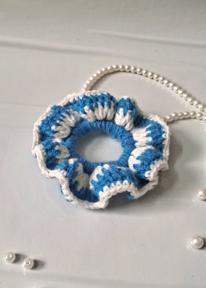 Blue Crochet Scrunchie