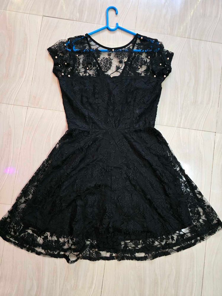 Elegant Black Lace Fit &amp; Flare Dress with Pearl De
