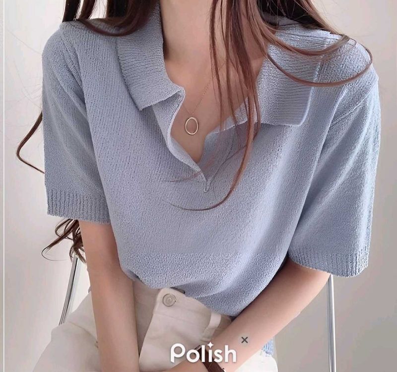 New with tag Pinterest Korean Cute Blue Polo Top