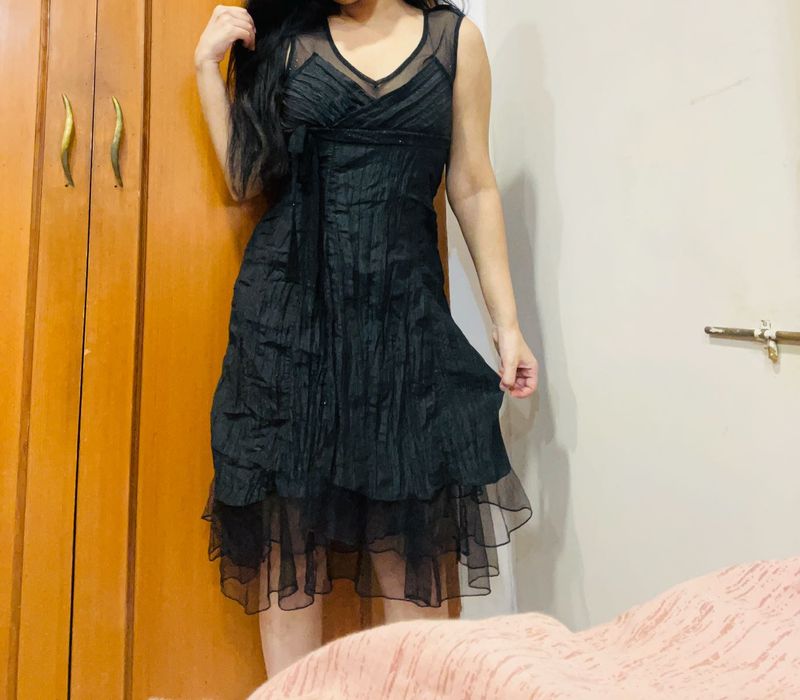 Black Lace Dress With Frill Detailing
