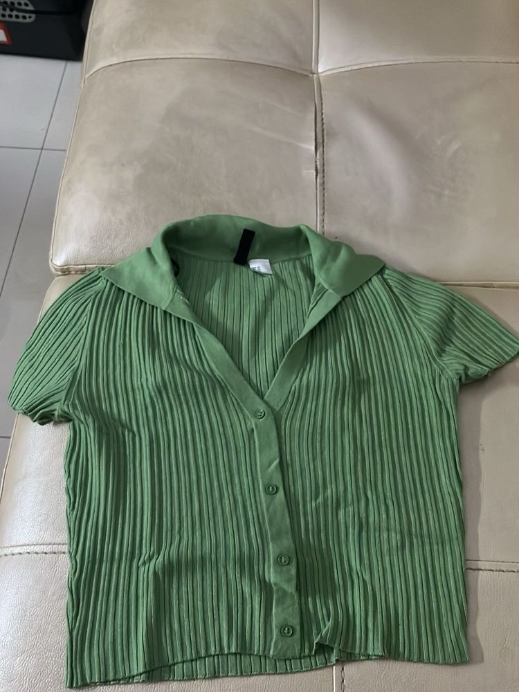 Green Ribbed Button Up Top