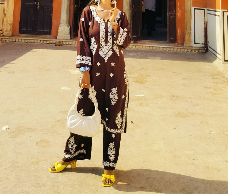 Embroidered Brown Kurta Pant Set