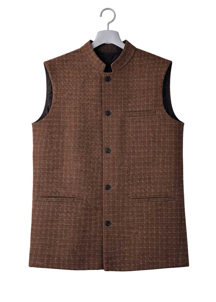 Stylish Brown Checkered Nehru Jacket