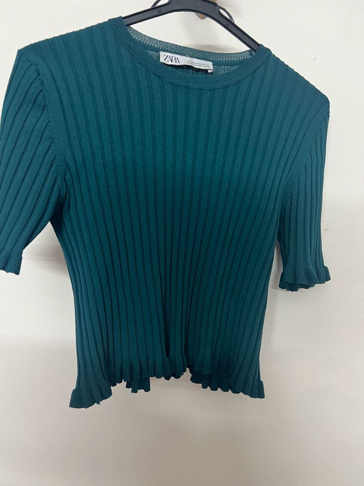 Zara Green Ribbed Ruffle Top