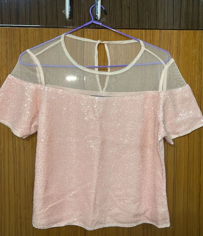Pink Sequin Top with Mesh Detail