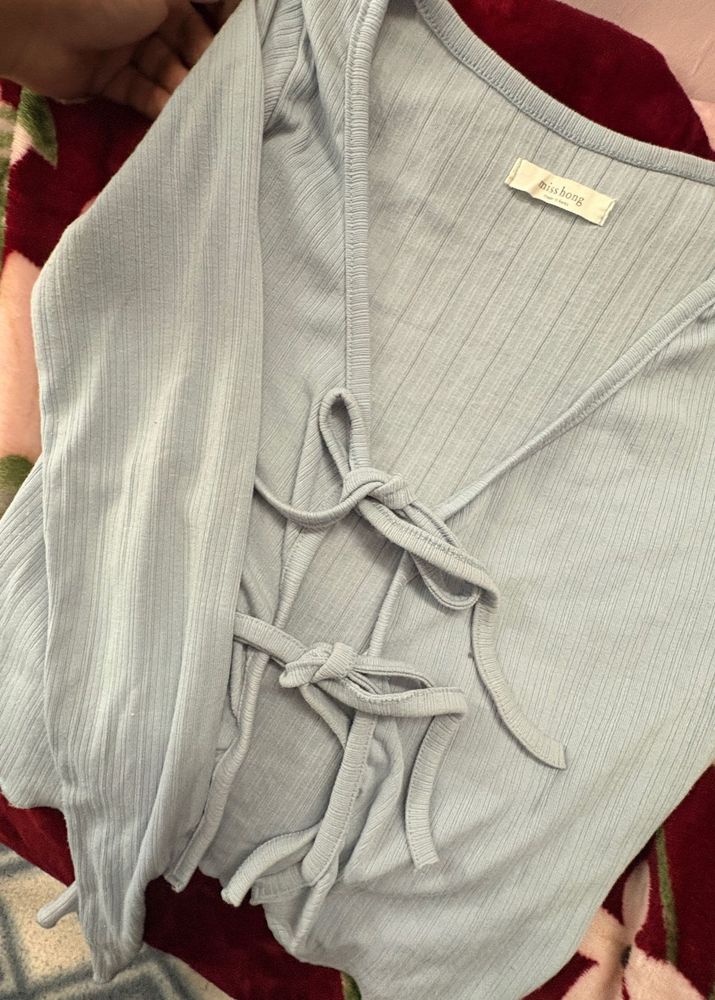 Cute Light Blue Tie-Front Top