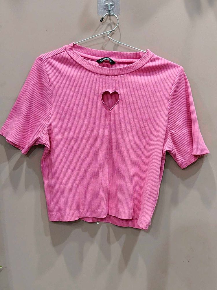 Pink Heart Cutout Crop Top