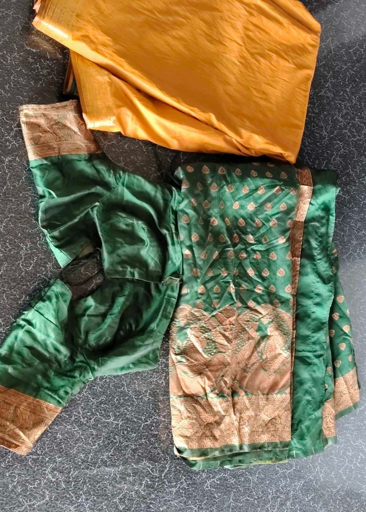 Green &amp; Gold Silk Blend Saree