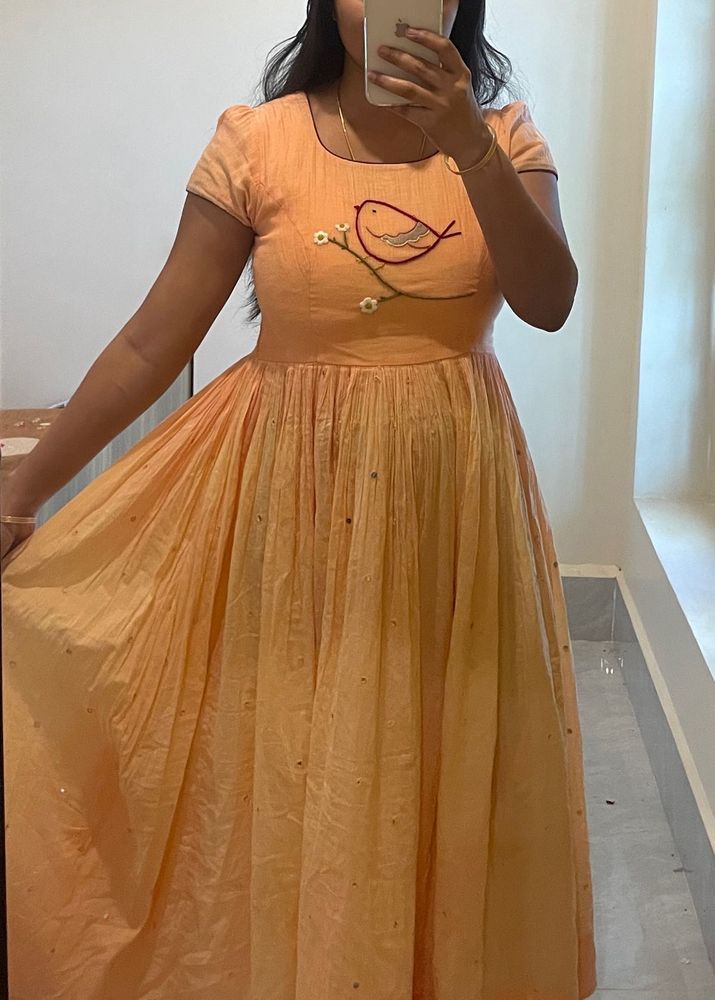 Peach Embroidered Bird Dress