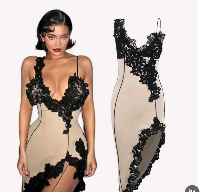 Slit Front Cut Dress With Black Lace Work