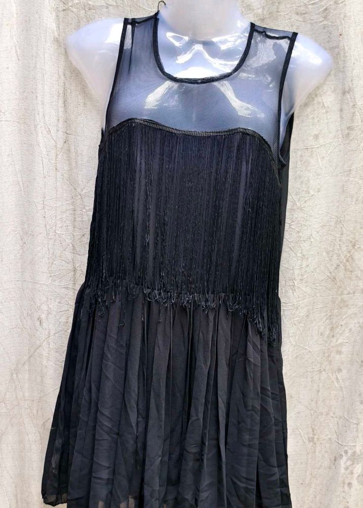 Black Sheer Fringe Dress