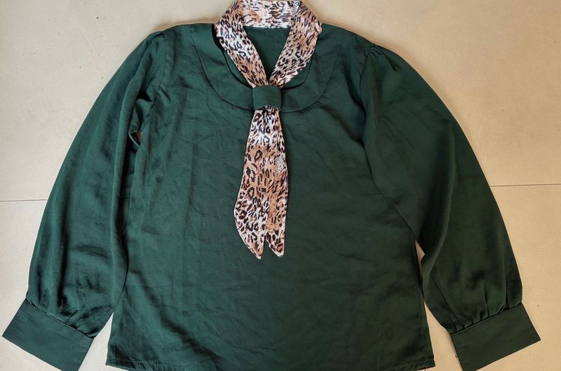Elegant Green Blouse with Attached Scarf