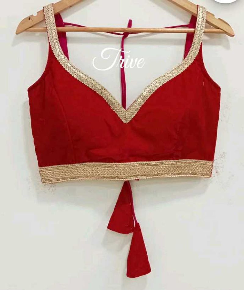 Red Velvet Padded Blouse With Back Hook Lace Work