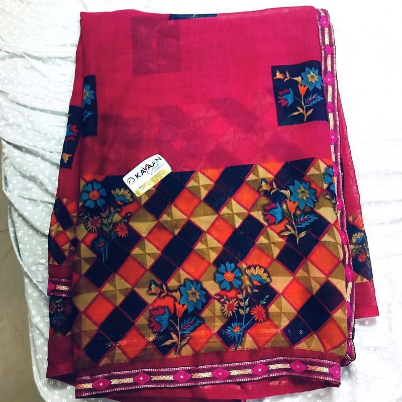 Elegant Pink Floral Saree with blouse piece