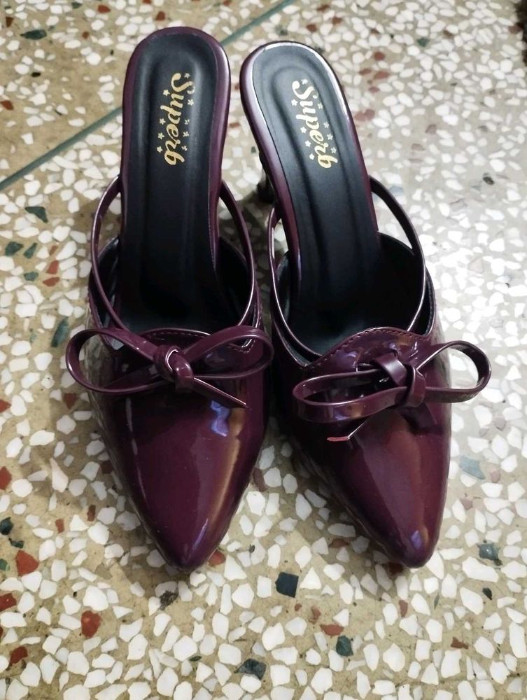 Burgundy Bow Heeled Mules