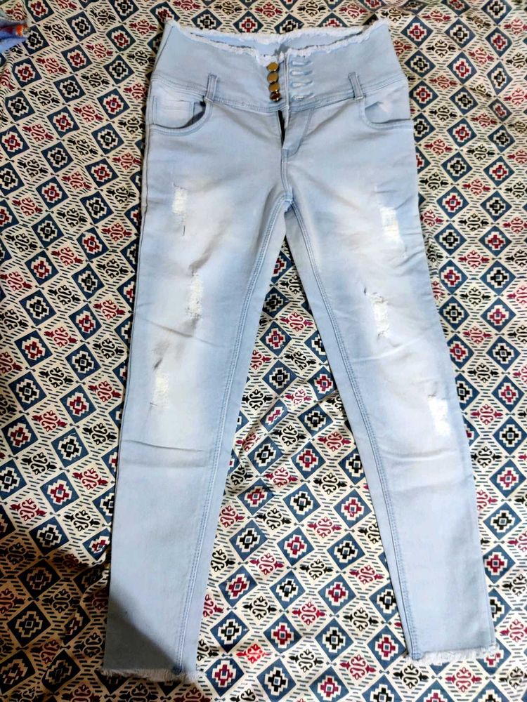 High-Waisted Distressed Jeans