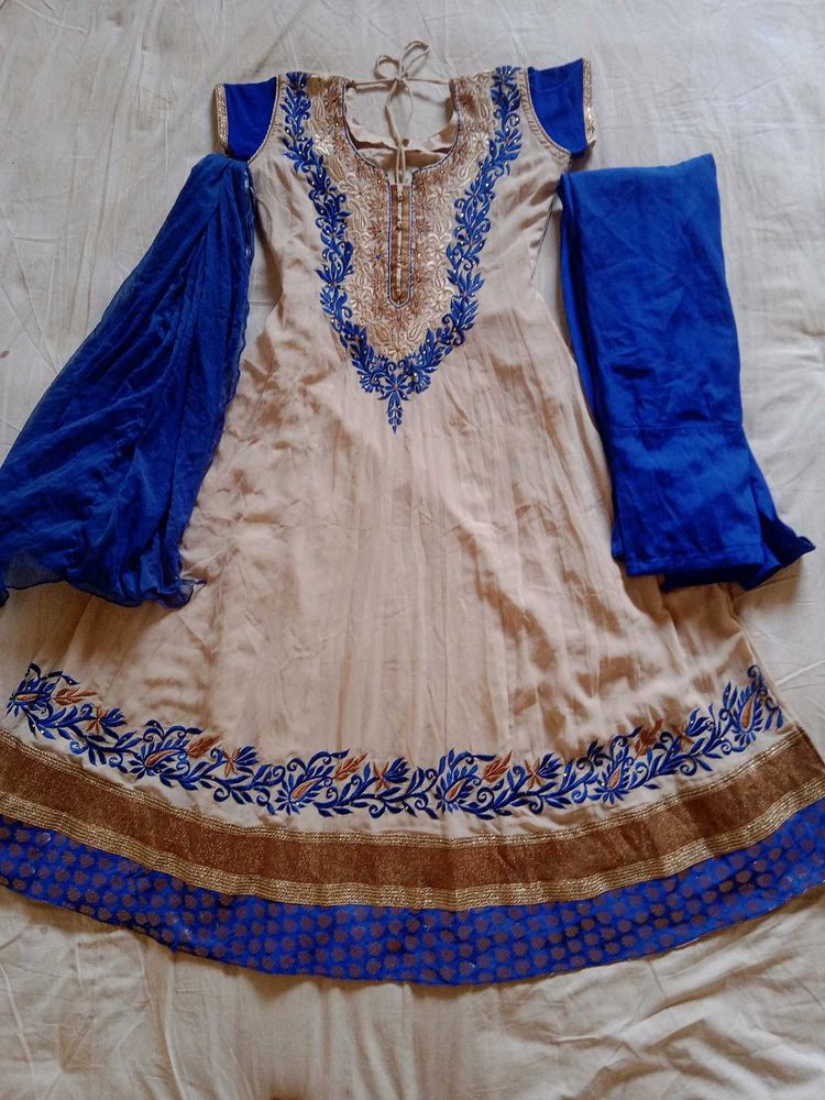 Elegant Beige And Blue Anarkali Suit
