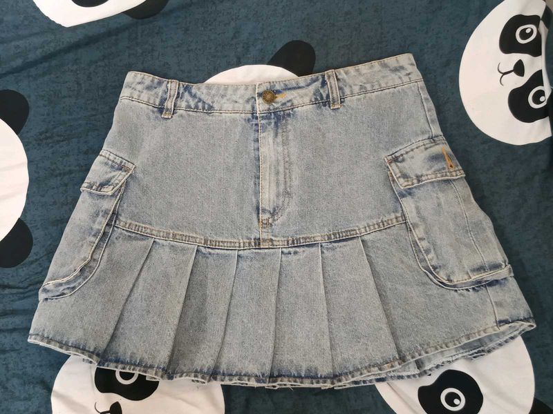 Pleated Denim Mini Skirt