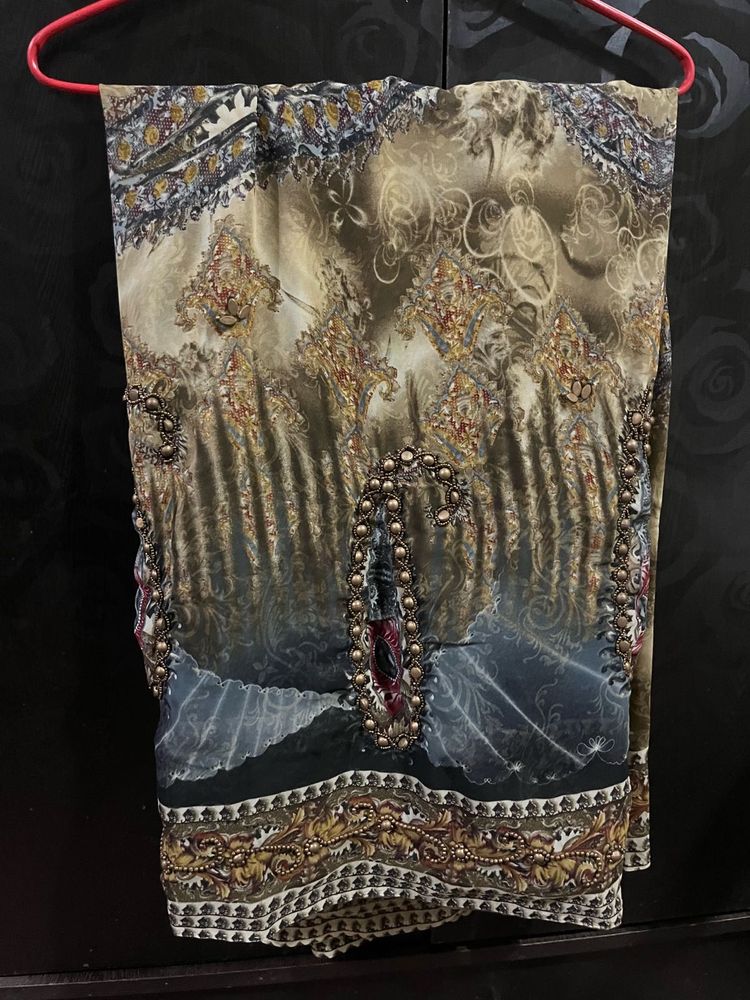 beautiful printed saree with beads work