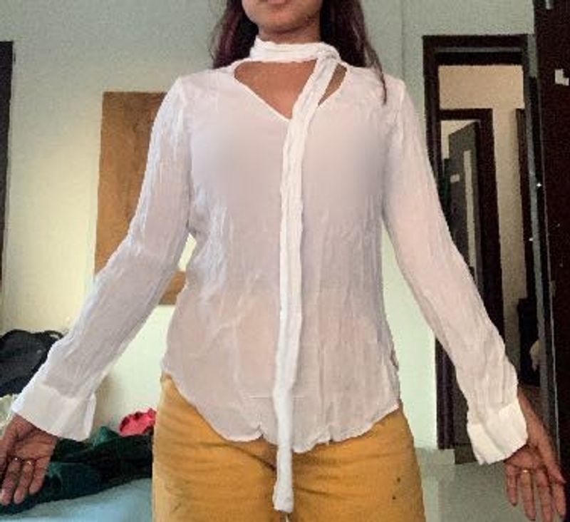 Elegant White Tie Neck Blouse