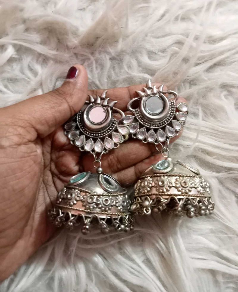Oxidised Silver Toned Jhumka Earrings