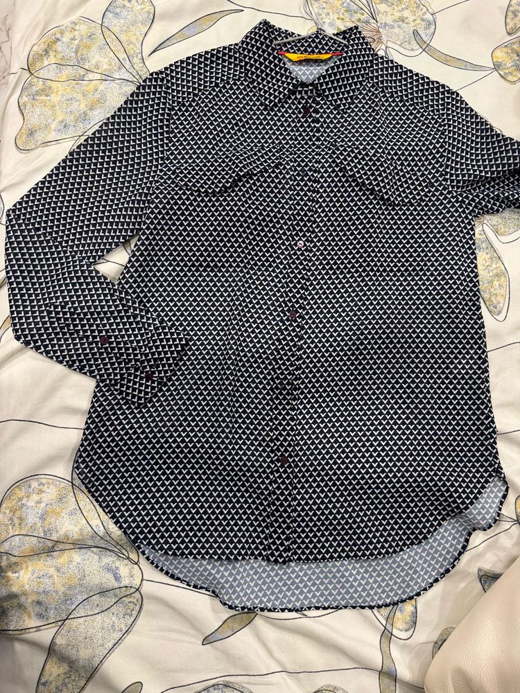 Navy Blue And White Printed Shirt