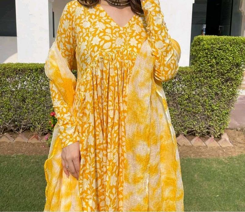 Blue Green Floral Anarkali Set